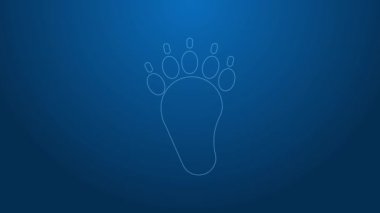 Beyaz çizgi Ayı patisi ayak izi ikonu mavi arkaplanda izole edildi. 4K Video hareketli grafik canlandırması