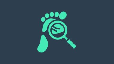 Mavi arka planda izole edilmiş ayak izleri olan turkuaz büyüteç. Dedektif araştırıyor. Ayak izlerini takip etmek için. 4K Video hareketli grafik canlandırması