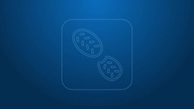 Beyaz çizgi insan ayak izi ayakkabı ikonu mavi arkaplanda izole edilmiş. Ayakkabı tabanı. 4K Video hareketli grafik canlandırması