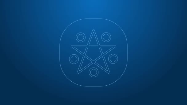 Witte lijn Pentagram in een cirkel pictogram geïsoleerd op blauwe achtergrond. Magisch occult sterrensymbool. 4K Video motion grafische animatie — Stockvideo