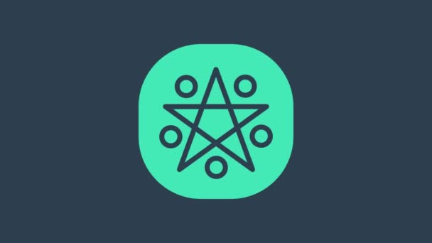 Pentagrama turquesa en un icono de círculo aislado sobre fondo azul. Símbolo mágico de estrella oculta. Animación gráfica de vídeo 4K — Vídeo de stock