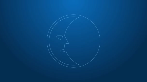 Witte lijn maan pictogram geïsoleerd op blauwe achtergrond. 4K Video motion grafische animatie — Stockvideo
