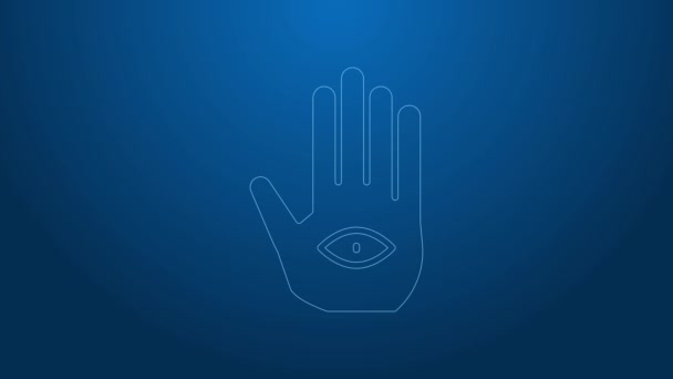 Biała linia Ikona ręczna Hamsa odizolowana na niebieskim tle. Ręka Fatimy - amulet, symbol ochrony przed diabelskim okiem. 4K Animacja graficzna ruchu wideo — Wideo stockowe