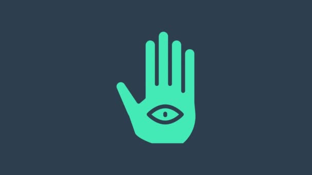 Icono de mano de hamsa turquesa aislado sobre fondo azul. Mano de Fátima - amuleto, símbolo de protección contra el ojo del diablo. Animación gráfica de vídeo 4K — Vídeos de Stock