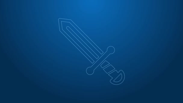 Línea blanca Icono de espada medieval aislado sobre fondo azul. Arma medieval. Animación gráfica de vídeo 4K — Vídeo de stock