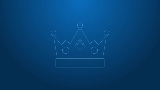 Vit linje kung krona ikon isolerad på blå bakgrund. 4K Video motion grafisk animation — Stockvideo