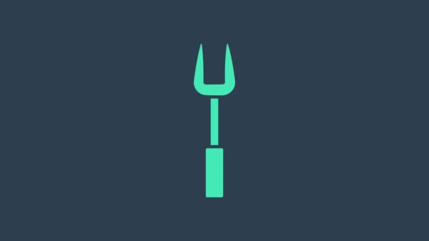 Turkos grill gaffel ikon isolerad på blå bakgrund. Grillgaffelskylt. Grill och grill verktyg. 4K Video motion grafisk animation — Stockvideo