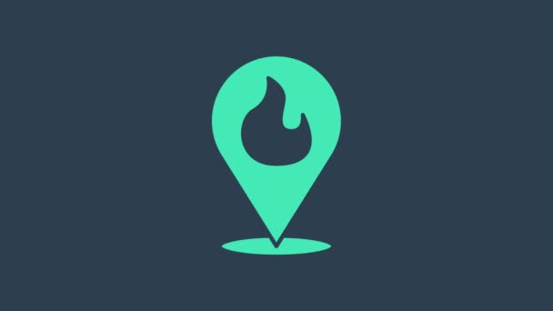 Ponteiro de mapa turquesa com ícone de chama de fogo isolado no fundo azul. Disparar perto. Animação gráfica em movimento de vídeo 4K — Vídeo de Stock