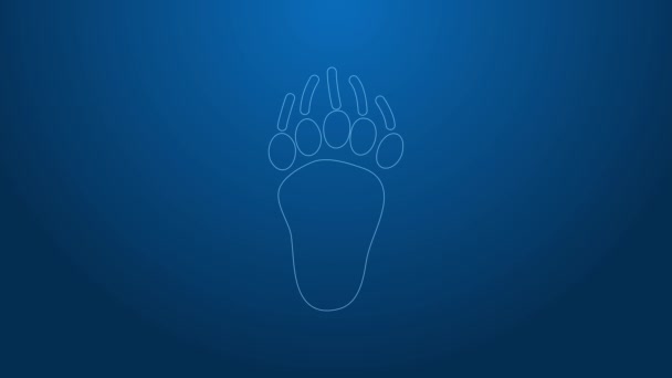 Fehér vonal Bear mancs lábnyom ikon elszigetelt kék háttérrel. 4K Videó mozgás grafikus animáció — Stock videók