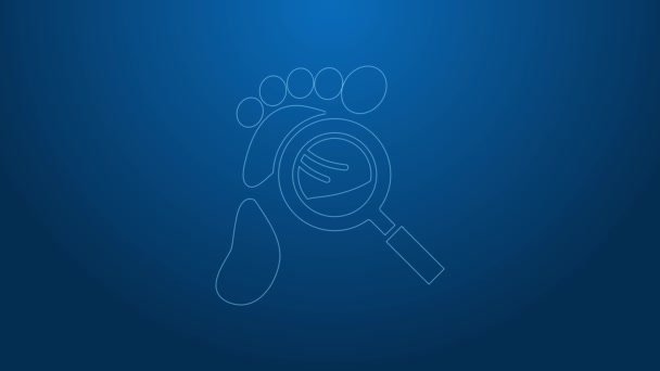 White line Magnifying glass with footsteps icon isolated on blue background. Detective is investigating. To follow in the footsteps. 4K Video motion graphic animation — Stock Video