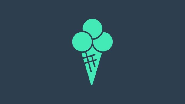 Turkusowe lody w ikonie wafla stożka izolowane na niebieskim tle. Słodki symbol. 4K Animacja graficzna ruchu wideo — Wideo stockowe