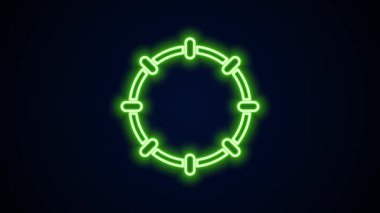Parlak neon çizgisi, müzikal enstrüman perküsyon tef, metal plaka ikonu siyah arkaplanda izole edilmiş. 4K Video hareketli grafik canlandırması