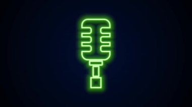 Parlayan neon hattı mikrofon simgesi siyah arkaplanda izole edildi. Radyodaki mikrofondan. Sözcü işareti. 4K Video hareketli grafik canlandırması