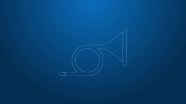Beyaz çizgi müzik aleti trompet ikonu mavi arka planda izole edildi. 4K Video hareketli grafik canlandırması