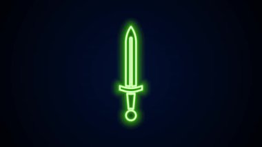 Parlayan neon hattı Ortaçağ kılıç ikonu siyah arka planda izole edildi. Ortaçağ silahı. 4K Video hareketli grafik canlandırması