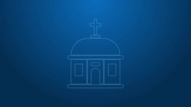 Beyaz çizgi Santorini bina simgesi mavi arka planda izole edildi. Mavi çatıları olan geleneksel Yunan beyaz evleri Avrupa kültürü. 4K Video hareketli grafik canlandırması