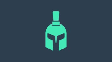 Turkuaz Yunan kask simgesi mavi arka planda izole edildi. Tüylü ya da at tüylü askerleri korumak için antika miğfer. 4K Video hareketli grafik canlandırması