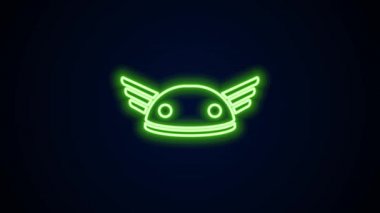 Siyah zemin üzerinde kanat simgesi olan parlak neon çizgi miğferi. Yunan tanrısı Hermes. 4K Video hareketli grafik canlandırması