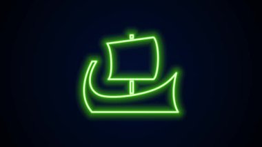 Parlayan neon hattı Antik Yunan trireme ikonu siyah arkaplanda izole edildi. 4K Video hareketli grafik canlandırması