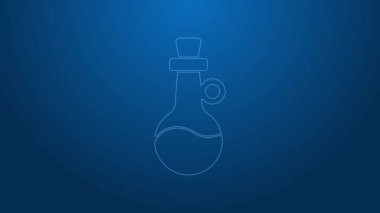 Mavi arka planda beyaz çizgi zeytinyağı ikonu izole edildi. Zeytinyağı ikonlu sürahi. 4K Video hareketli grafik canlandırması