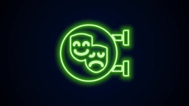 Parlak neon hattı komedi ve trajedi teatral maske ikonu siyah arka planda izole edildi. 4K Video hareketli grafik canlandırması