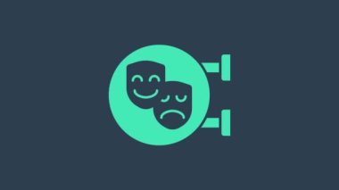 Turkuaz Komedi ve Trajedi Maskeleri ikonu mavi arka planda izole edildi. 4K Video hareketli grafik canlandırması