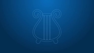 Beyaz çizgi Antik Yunan lir ikonu mavi arkaplanda izole edilmiş. Klasik müzik enstrümanı, orkestra akustik elementi. 4K Video hareketli grafik canlandırması