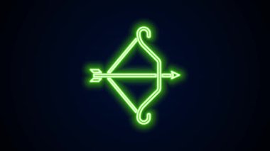 Siyah zemin üzerinde izole edilmiş ok ikonu olan parlak neon çizgisi Ortaçağ yayı. Ortaçağ silahı. 4K Video hareketli grafik canlandırması