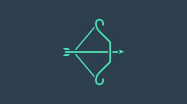 Turkuaz Ortaçağ yayı ve mavi arka planda izole edilmiş ok ikonu. Ortaçağ silahı. 4K Video hareketli grafik canlandırması