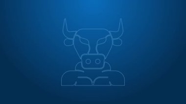 Beyaz çizgi Minotaur simgesi mavi arkaplanda izole edildi. Efsanevi Yunan güçlü yaratığı Girit labirentinden efsanevi yarı insan boğa minotor. 4K Video hareketli grafik canlandırması