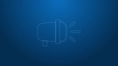 Mavi arka planda beyaz çizgi bisiklet başlıklı lamba ikonu izole edildi. Bisikletli yol sporu gece lambası. 4K Video hareketli grafik canlandırması