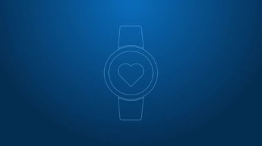 Beyaz çizgi Akıllı saat mavi arkaplanda kalp atış hızı simgesini gösteriyor. Fitness uygulaması konsepti. 4K Video hareketli grafik canlandırması