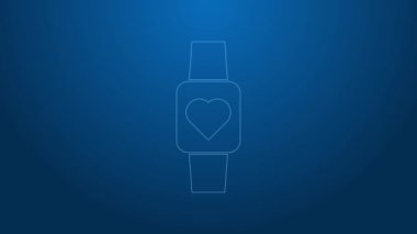Beyaz çizgi Akıllı saat mavi arkaplanda kalp atış hızı simgesini gösteriyor. Fitness uygulaması konsepti. 4K Video hareketli grafik canlandırması