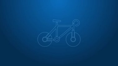 Mavi arka planda beyaz çizgi bisiklet simgesi izole edildi. Bisiklet yarışı. Olağanüstü bir spor. Spor malzemeleri. 4K Video hareketli grafik canlandırması