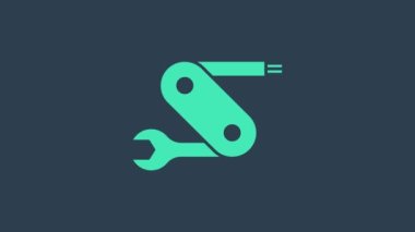 Mavi arka planda izole edilmiş turkuaz İsviçre çakısı ikonu. Çoklu alet, çok amaçlı çakı. Çok fonksiyonlu bir alet. 4K Video hareketli grafik canlandırması