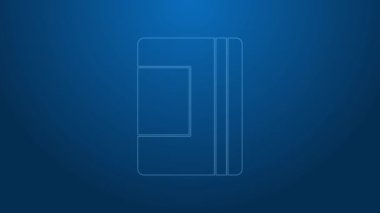 Mavi arkaplanda beyaz çizgi Not Defteri simgesi izole edildi. Spiral not defteri simgesi. Okul defteri. Yazı tahtası. Okul günlüğü. 4K Video hareketli grafik canlandırması