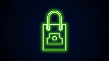 Siyah arka planda izole edilmiş sprey kapaklı parlak neon şeritli kağıt alışveriş torbası. 4K Video hareketli grafik canlandırması