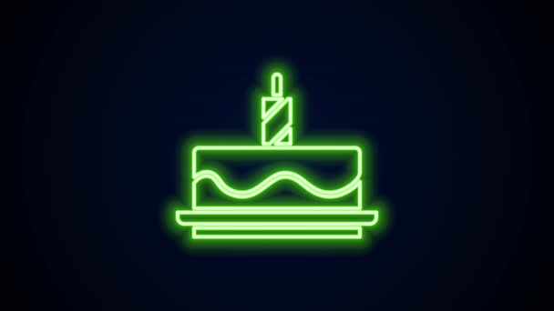 Glowing neon line Cake with burning candles icon isolated on black background. Happy Birthday. 4K Video motion graphic animation — Stock Video