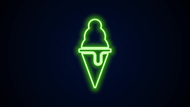 发亮的霓虹灯线冰淇淋在华夫饼锥形图标孤立在黑色背景.甜蜜的象征。4K视频运动图形动画 — 图库视频影像