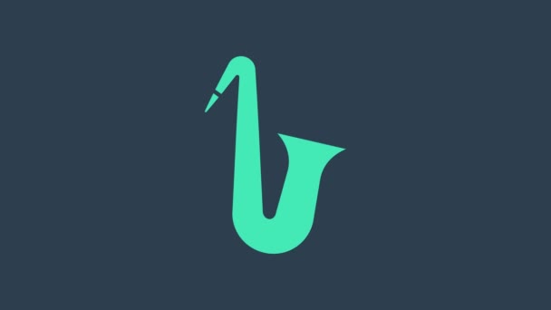 Бирюзовый музыкальный инструмент икона саксофона изолированы на синем фоне. Видеографическая анимация 4K — стоковое видео