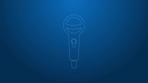 White line Microphone icon isolated on blue background. On air radio mic microphone. Speaker sign. 4K Video motion graphic animation — Stock Video