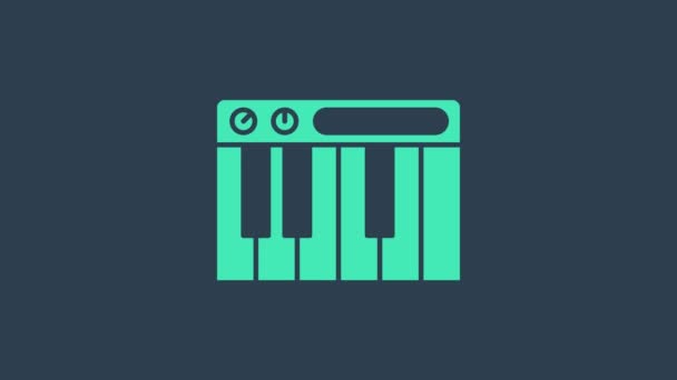 绿松石音乐合成器图标孤立在蓝色背景.电子钢琴4K视频运动图形动画 — 图库视频影像