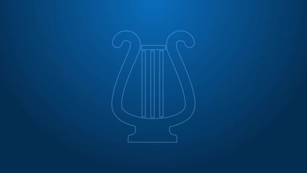 Белая линия Икона древнегреческой лиры выделена на синем фоне. Классический музыкальный инструмент, струнный акустический элемент оркестра. Видеографическая анимация 4K — стоковое видео
