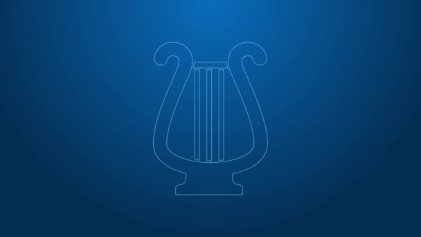 White line Ancient Greek lyre icon isolated on blue background. Classical music instrument, orhestra string acoustic element. 4K Video motion graphic animation