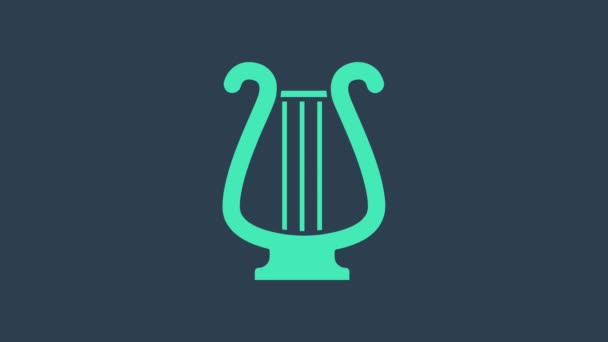 Turkos antik grekisk lyra ikon isolerad på blå bakgrund. Klassiskt musikinstrument, orkestra strängakustiskt element. 4K Video motion grafisk animation — Stockvideo