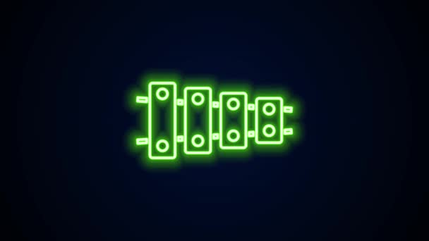 Világító neon vonal Xylophone - hangszer tizenhárom fából készült rúd és két ütőhangszer ikon elszigetelt fekete háttérrel. 4K Videó mozgás grafikus animáció — Stock videók