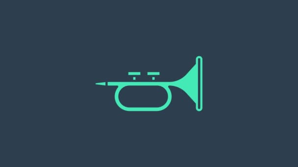 Turkuaz müzik aleti trompet ikonu mavi arka planda izole edildi. 4K Video hareketli grafik canlandırması — Stok video