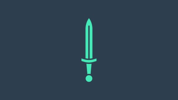Turkoois Middeleeuws zwaard icoon geïsoleerd op blauwe achtergrond. Middeleeuws wapen. 4K Video motion grafische animatie — Stockvideo