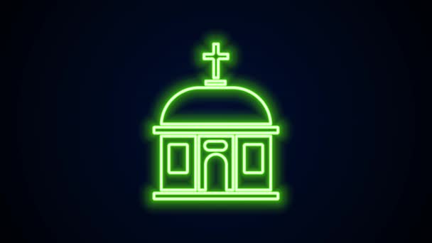 Icono de edificio de Santorini de línea de neón brillante aislado sobre fondo negro. Casas blancas griegas tradicionales con techos azules cultura europea. Animación gráfica de vídeo 4K — Vídeo de stock