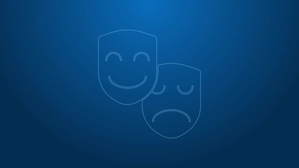 Witte lijn Komedie en tragedie theatrale maskers pictogram geïsoleerd op blauwe achtergrond. 4K Video motion grafische animatie — Stockvideo